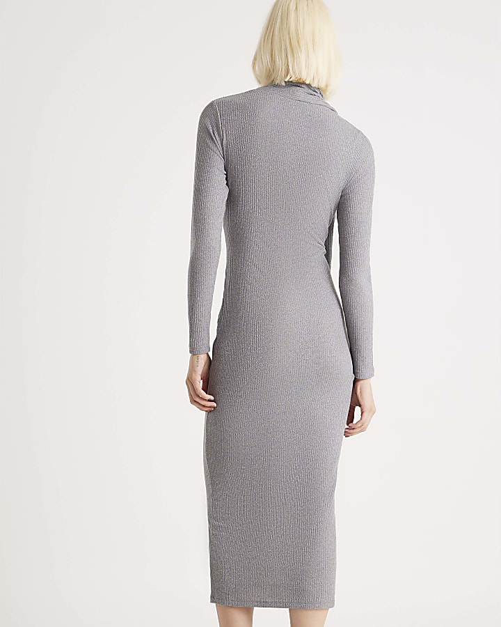 Grey Long Sleeve Scarf Tie Neck Dress