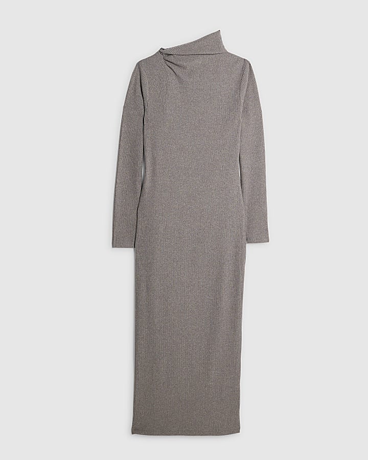 Grey Long Sleeve Scarf Tie Neck Dress