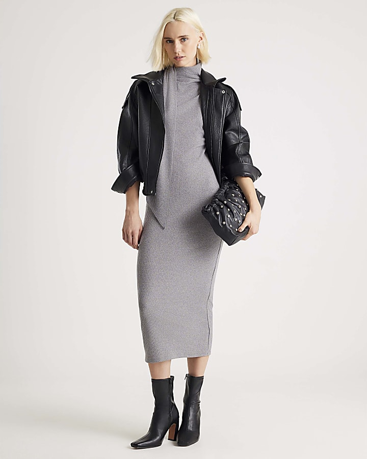 Grey Long Sleeve Scarf Tie Neck Dress