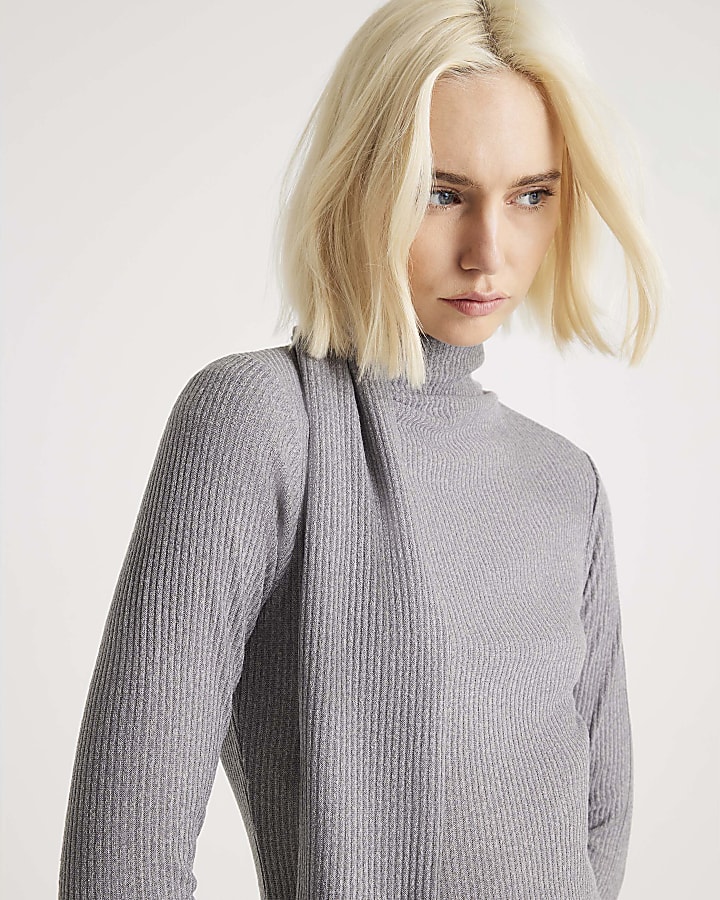 Grey Long Sleeve Scarf Tie Neck Dress