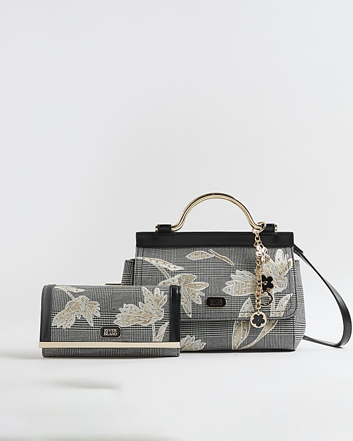 Black Applique Metal Handle Bag Bundle