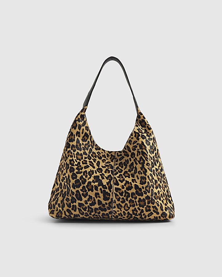 Brown Leather Leopard Print Shoulder Bag