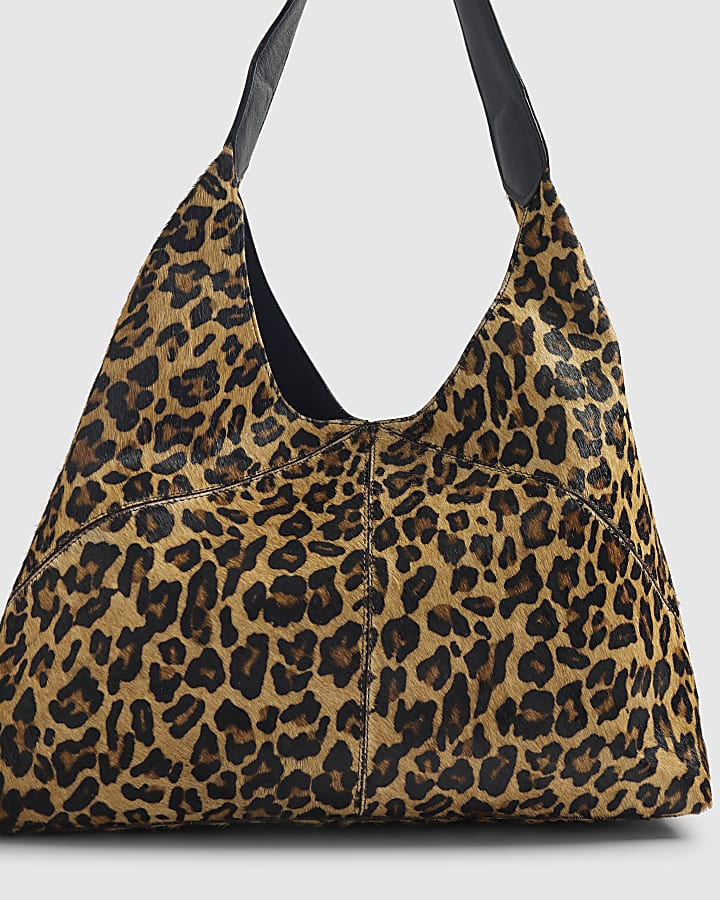 Brown Leather Leopard Print Shoulder Bag