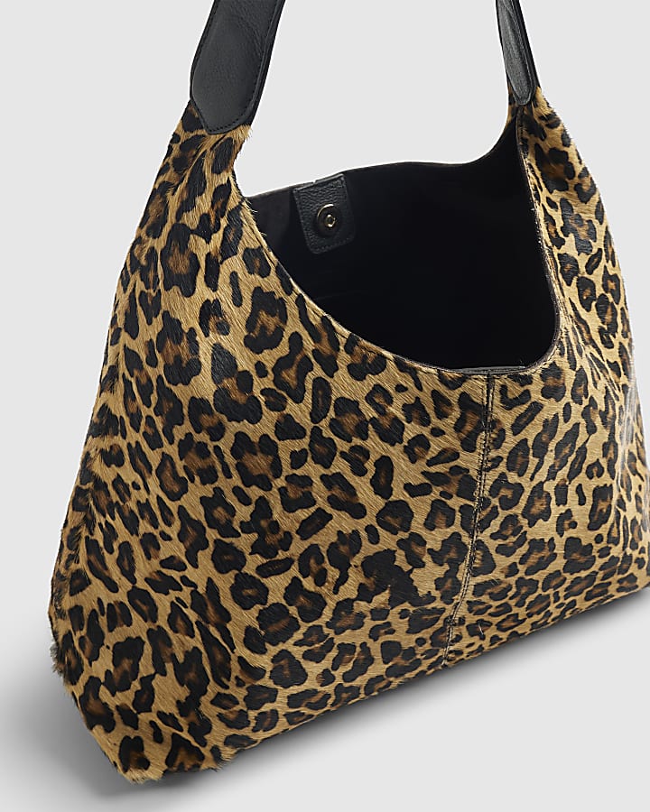 Brown Leather Leopard Print Shoulder Bag