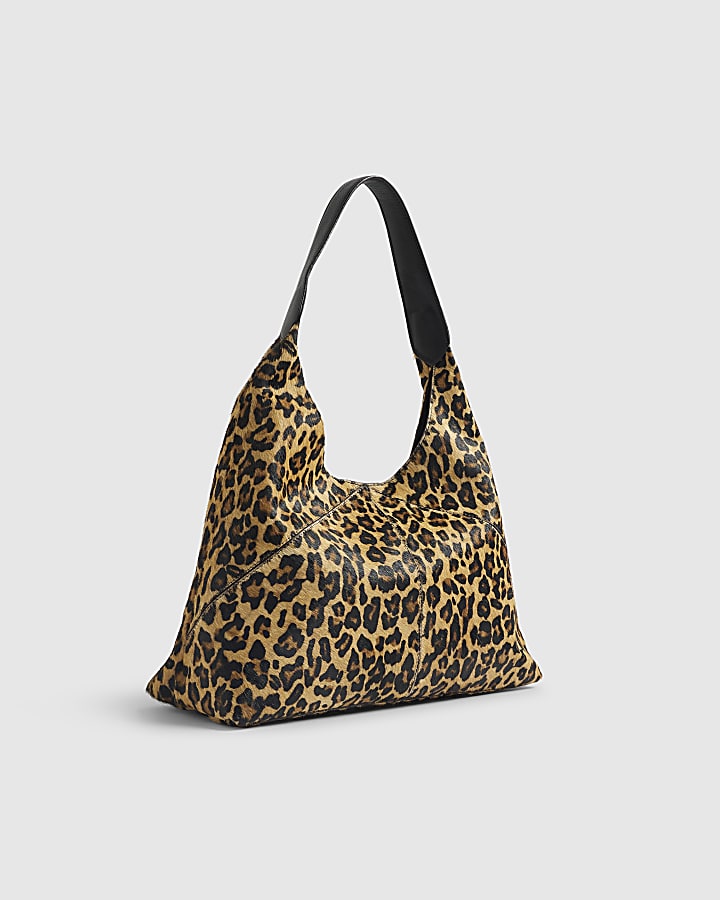 Brown Leather Leopard Print Shoulder Bag