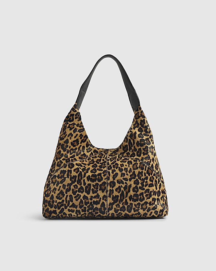 Brown Leather Leopard Print Shoulder Bag