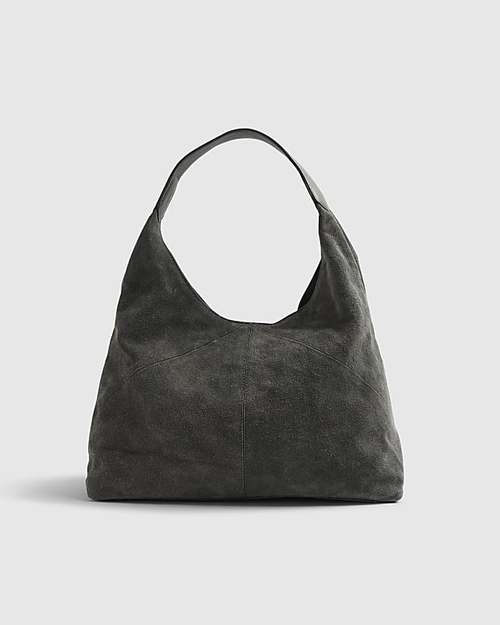 Grey Suede Studded Slouch Shoulder Bag