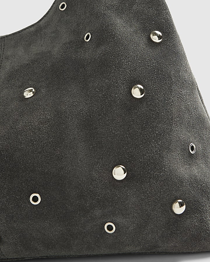 Grey Suede Studded Slouch Shoulder Bag