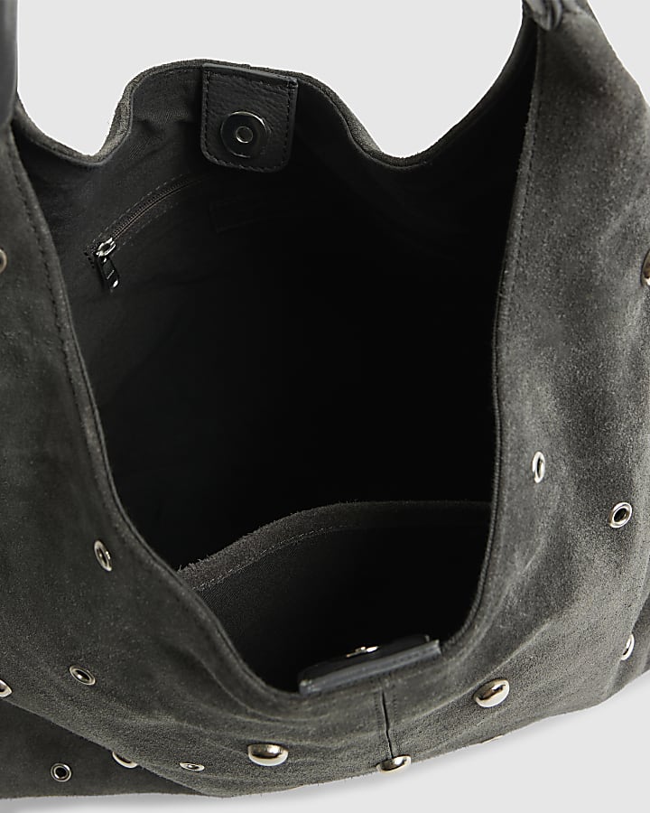 Grey Suede Studded Slouch Shoulder Bag