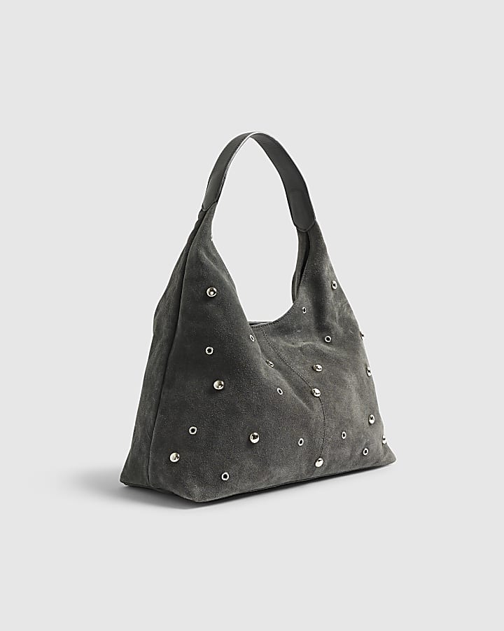 Grey Suede Studded Slouch Shoulder Bag