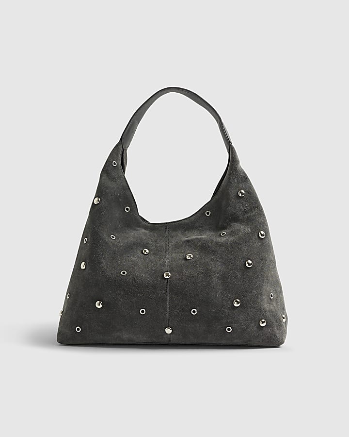 Grey Suede Studded Slouch Shoulder Bag
