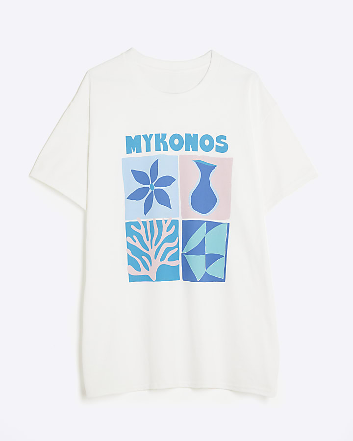 White Short Sleeve Mykonos Print T-shirt