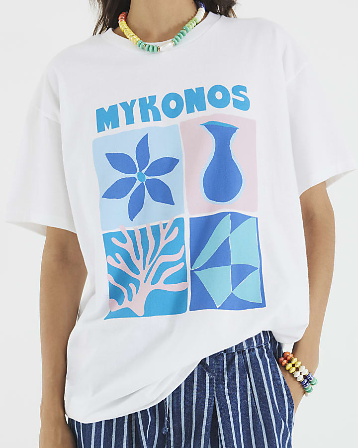 White Short Sleeve Mykonos Print T-shirt