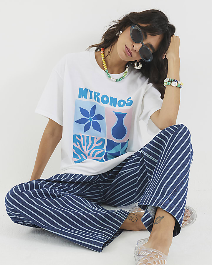 White Short Sleeve Mykonos Print T-shirt