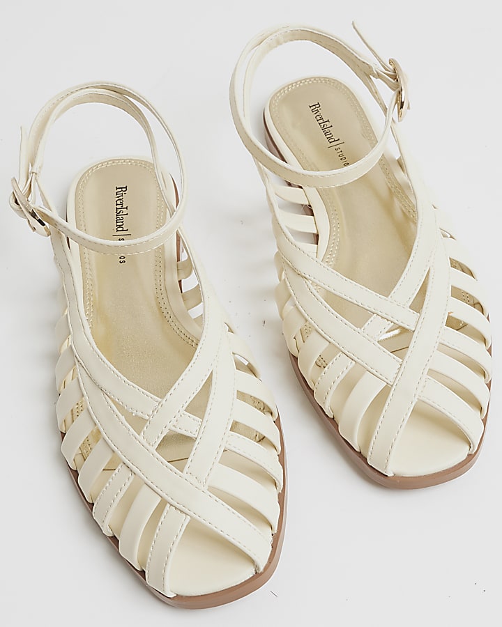 Cream Faux Leather Caged Sandals