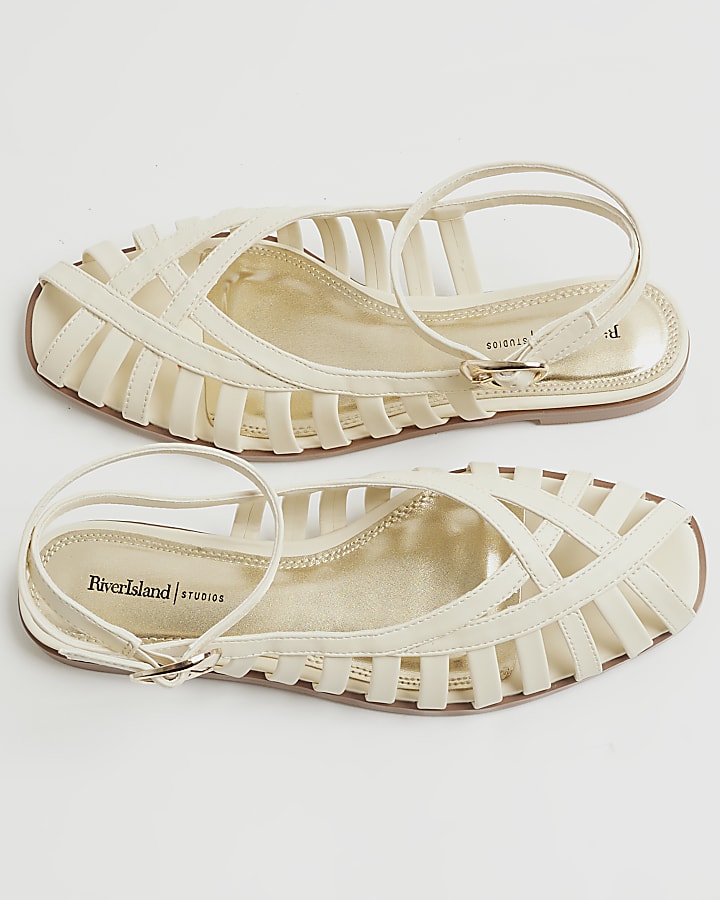 Cream Faux Leather Caged Sandals