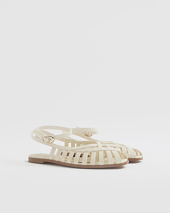 Cream Faux Leather Caged Sandals