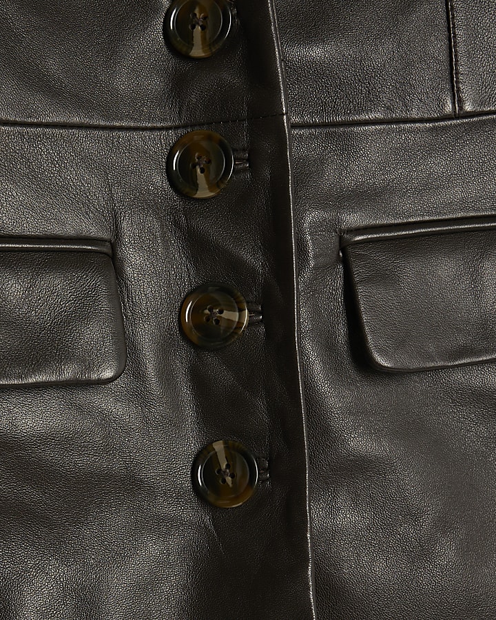 Brown Leather Fitted Waist Blazer