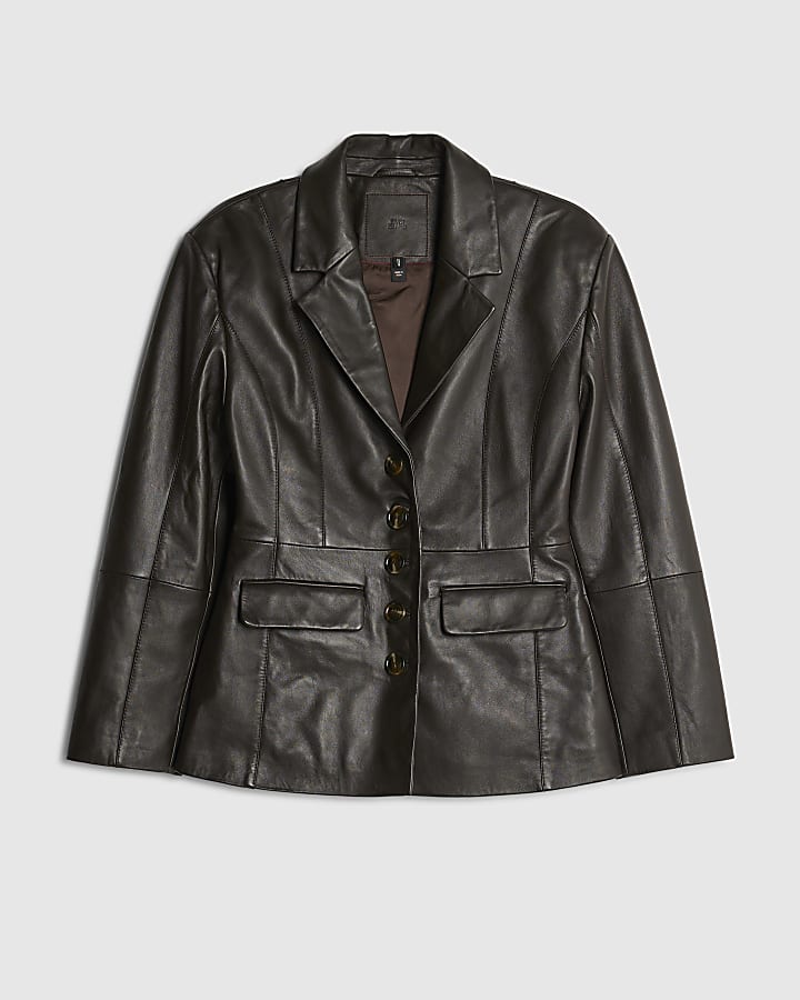 Brown Leather Fitted Waist Blazer