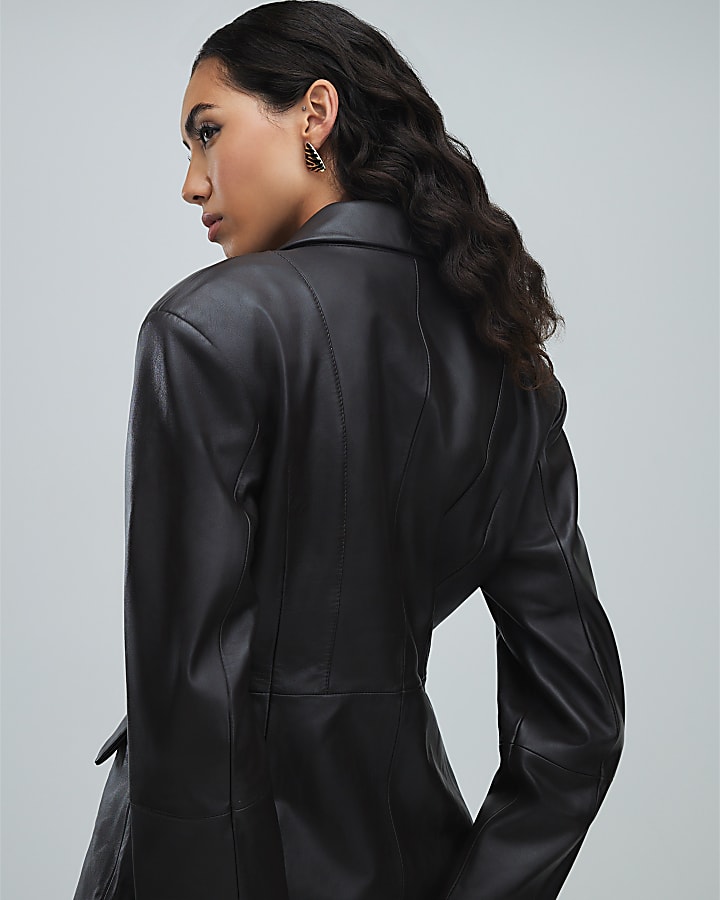 Brown Leather Fitted Waist Blazer