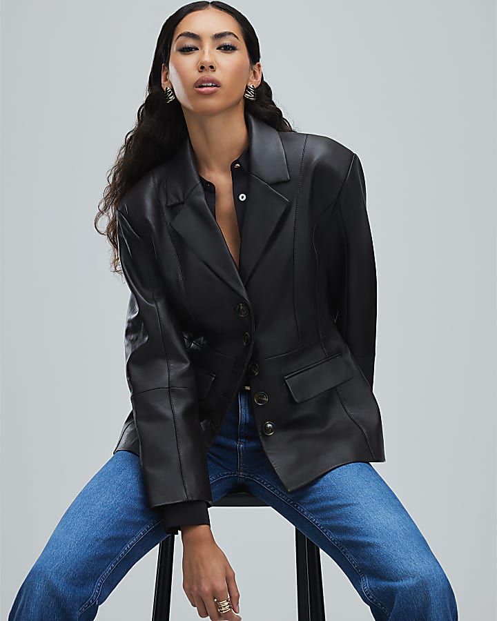 Brown Leather Fitted Waist Blazer