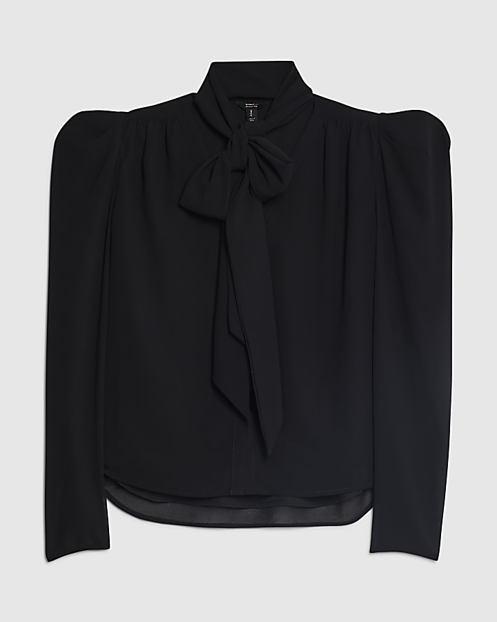 Black Long Sleeve Pussybow Blouse