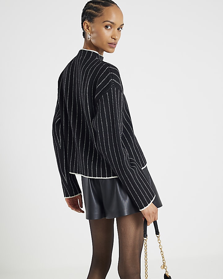Black Pinstripe High Neck Jumper