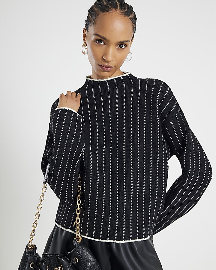 Black Pinstripe High Neck Jumper