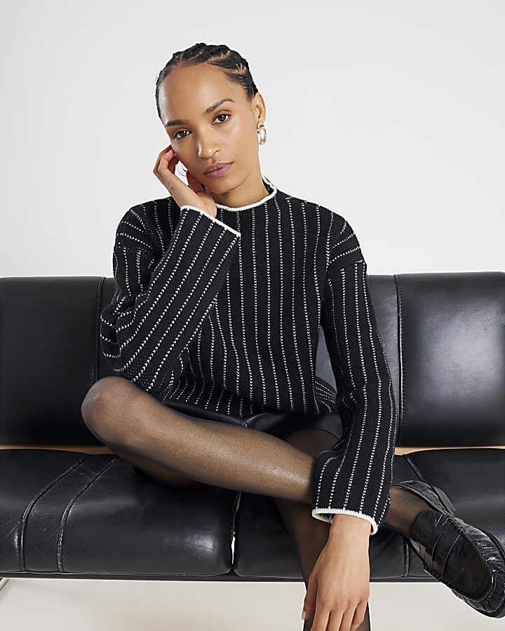 Black Pinstripe High Neck Jumper