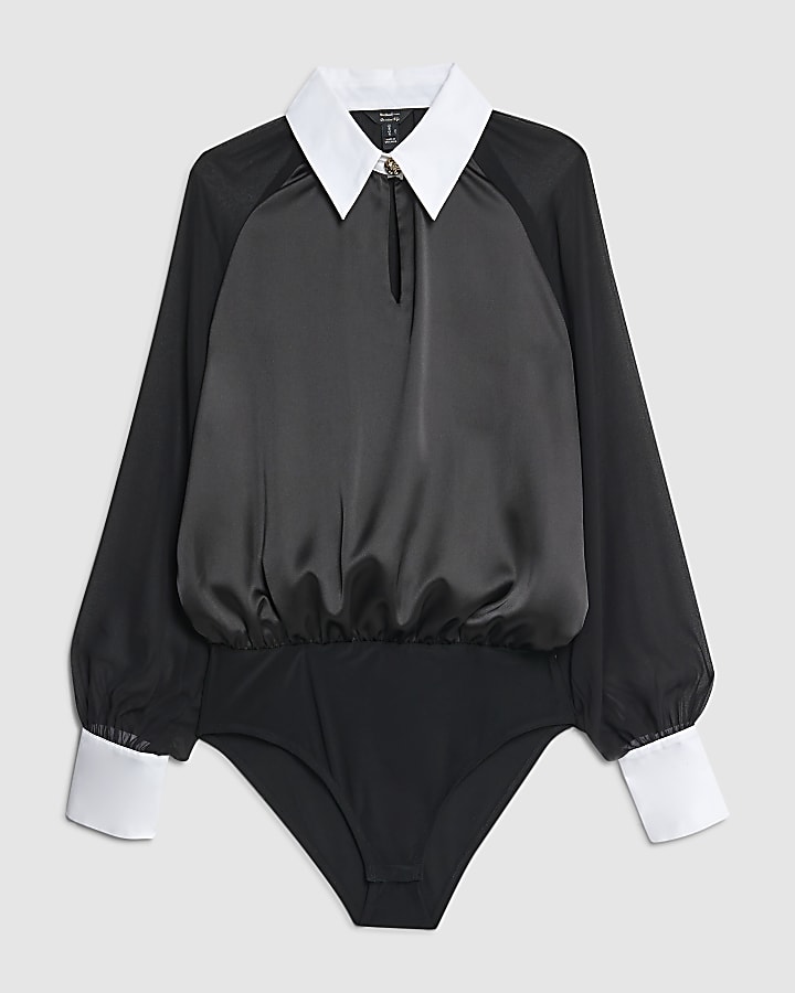Black Satin Shirt Bodysuit