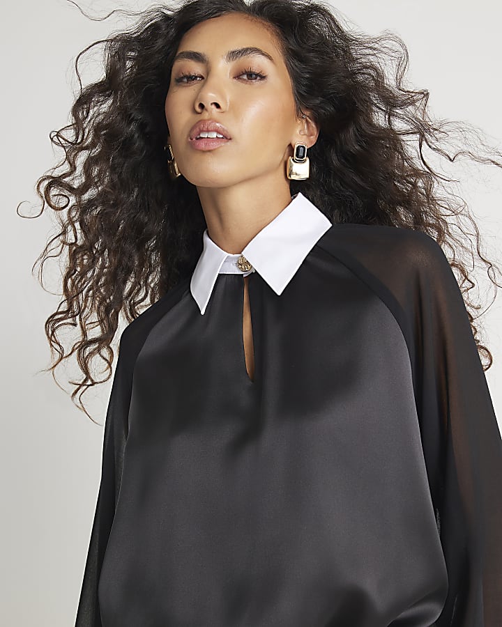 Black Satin Shirt Bodysuit