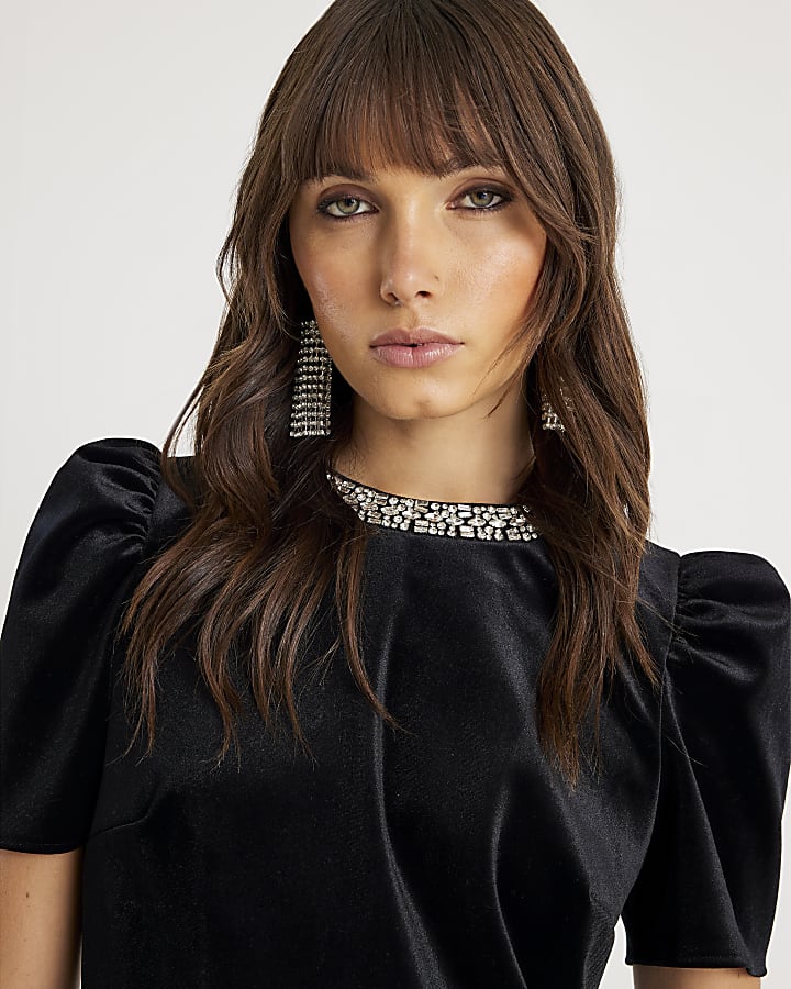 Black Velvet Embellished Mini Dress