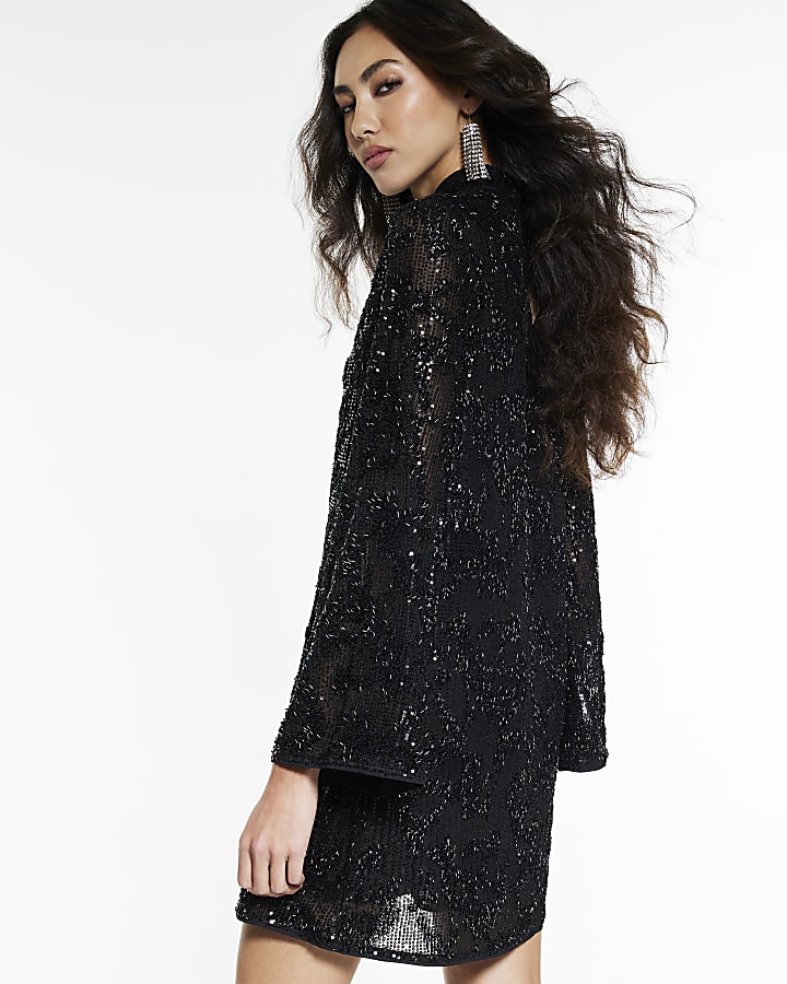 Black Long Sleeve Sequin Mini Dress