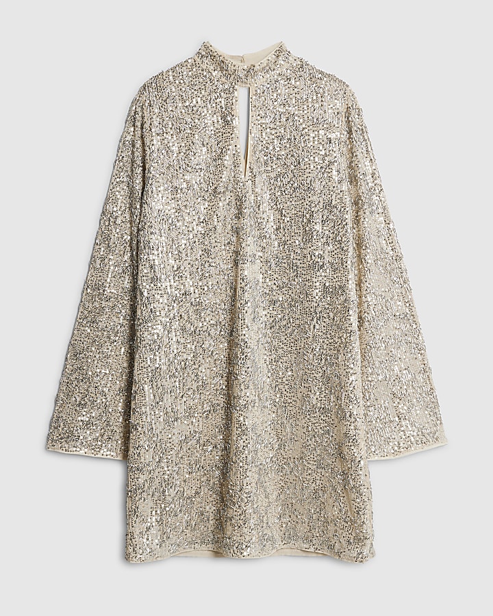 Grey Long Sleeve Sequin Mini Dress
