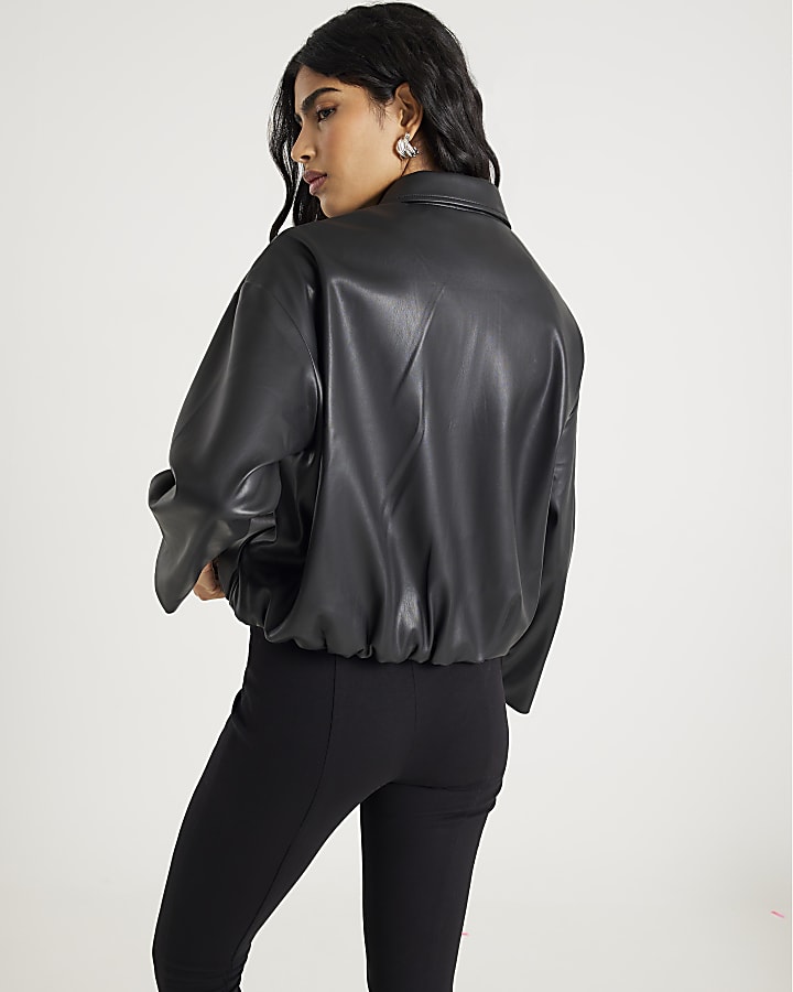 Black Faux Leather Bubble Hem Bomber Jacket