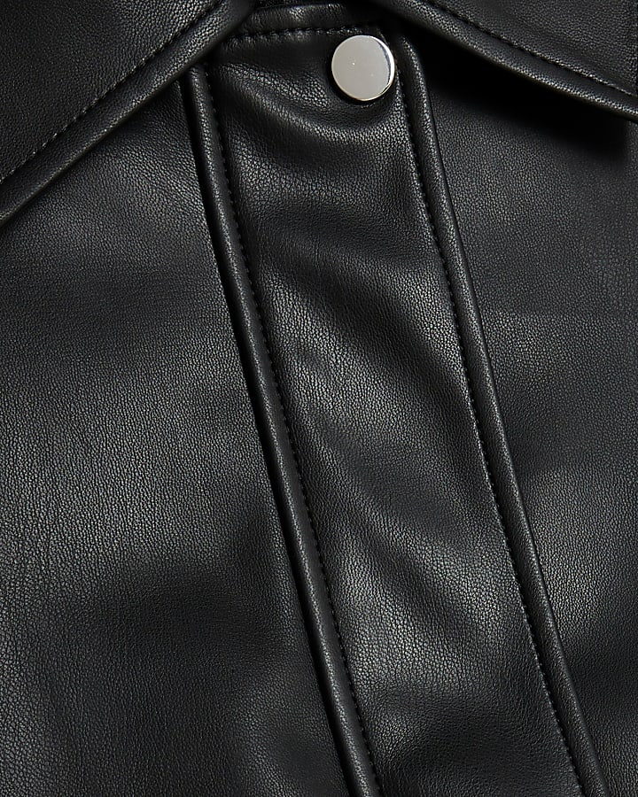 Black Faux Leather Bubble Hem Bomber Jacket