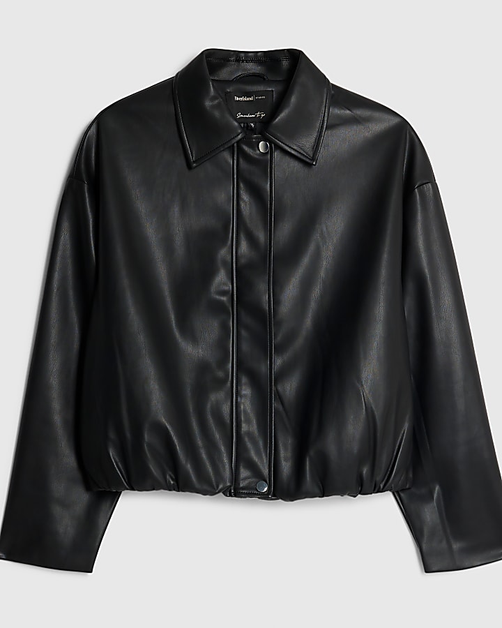 Black Faux Leather Bubble Hem Bomber Jacket