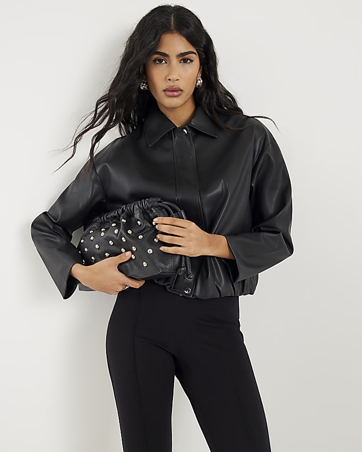Black Faux Leather Bubble Hem Bomber Jacket