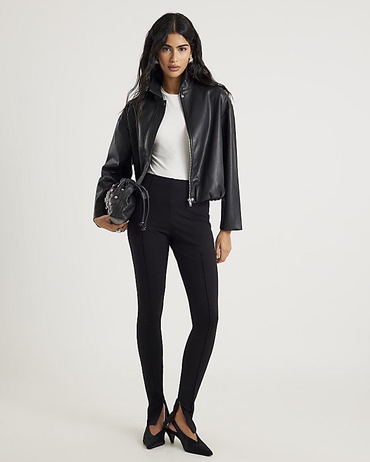 Black Faux Leather Bubble Hem Bomber Jacket