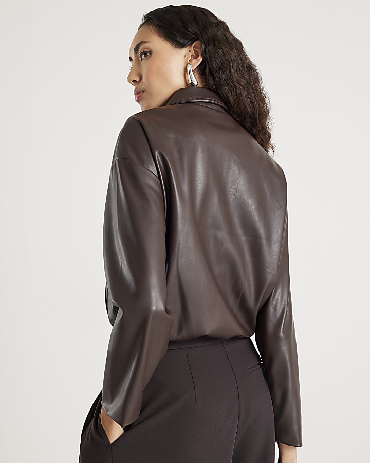 Brown Faux Leather Collared Bomber Jacket