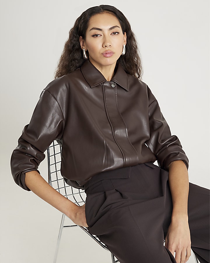 Brown Faux Leather Collared Bomber Jacket