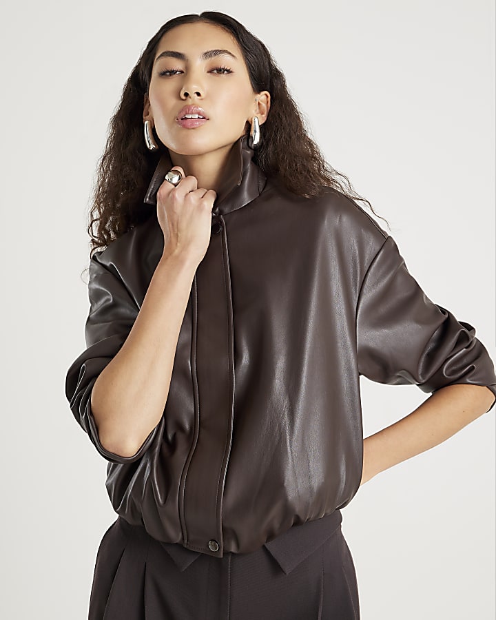 Brown Faux Leather Collared Bomber Jacket