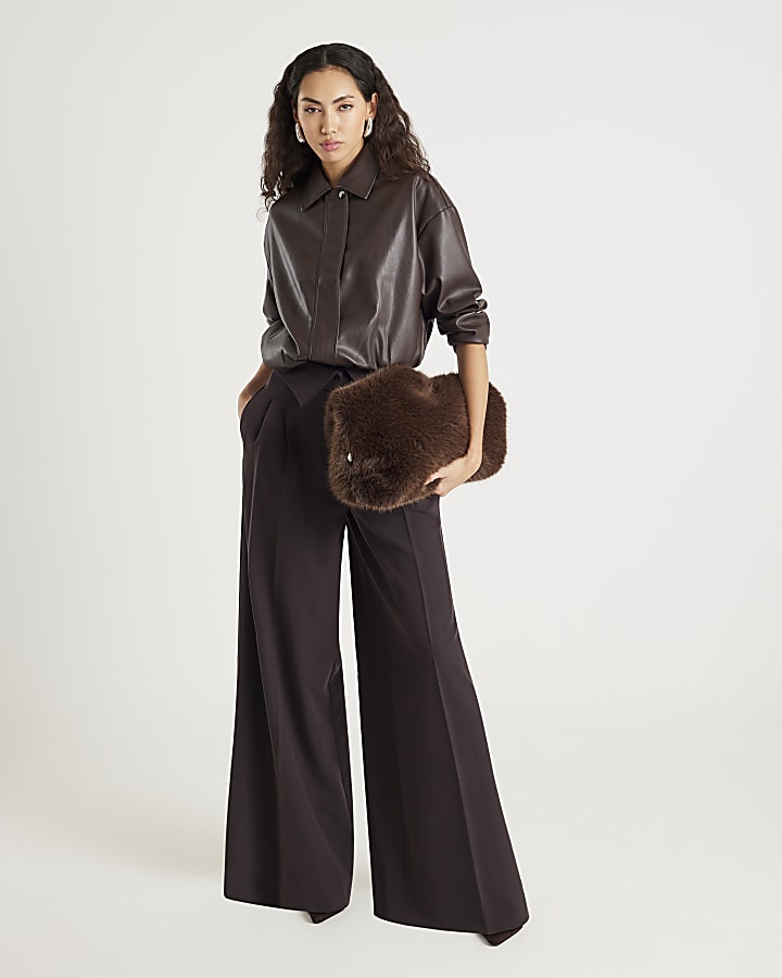 Brown Faux Leather Collared Bomber Jacket