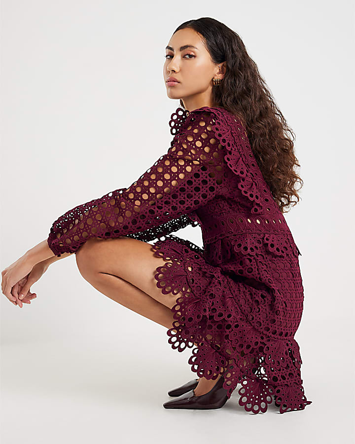 Red Long Sleeve Lace Mini Dress