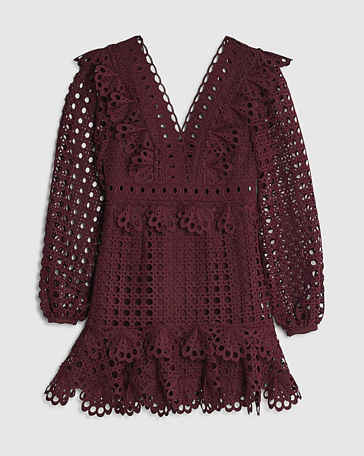 Red Long Sleeve Lace Mini Dress