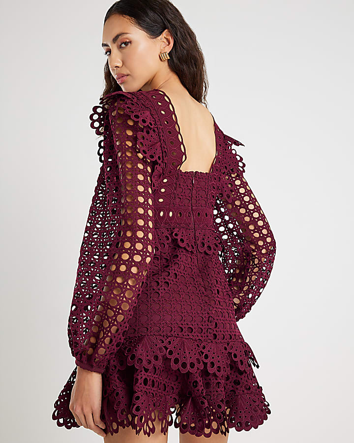 Red Long Sleeve Lace Mini Dress
