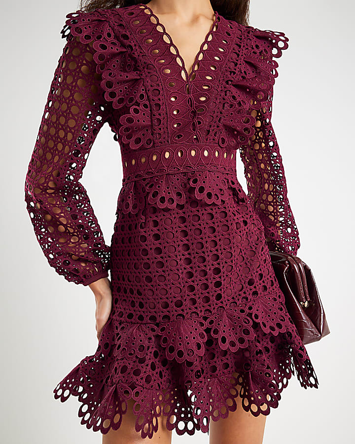 Red Long Sleeve Lace Mini Dress