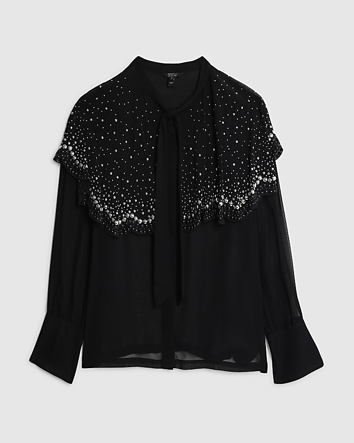 Black Long Sleeve Embellished Cape Shirt