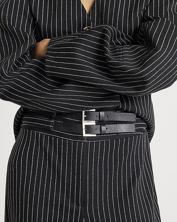 Navy Pinstripe Double Buckle Trousers