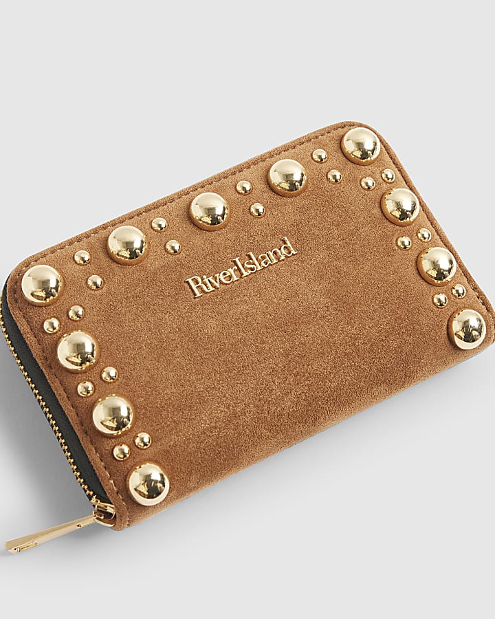 Brown Studded Zip Around Purse